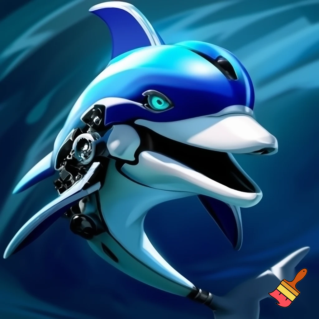 A detailed illustration of a robotic, mechanical dolphin with a sleek, streamlined body predominantly in shades of blue and white. The dolphin has a prominent, expressive face with a slightly aggressive or determined look, featuring narrowed, teal-colored eyes. The body includes metallic elements, such as circular joints and mechanical parts, especially around the fins and tail. The dorsal fin is sharp and angular, positioned on the back, and the pectoral fins are streamlined, extending from the sides. The mouth is open in a wide, enthusiastic expression, revealing a dark interior. The overall style is a blend of cartoonish and futuristic robotic design, inspired by video game or animated series aesthetics.