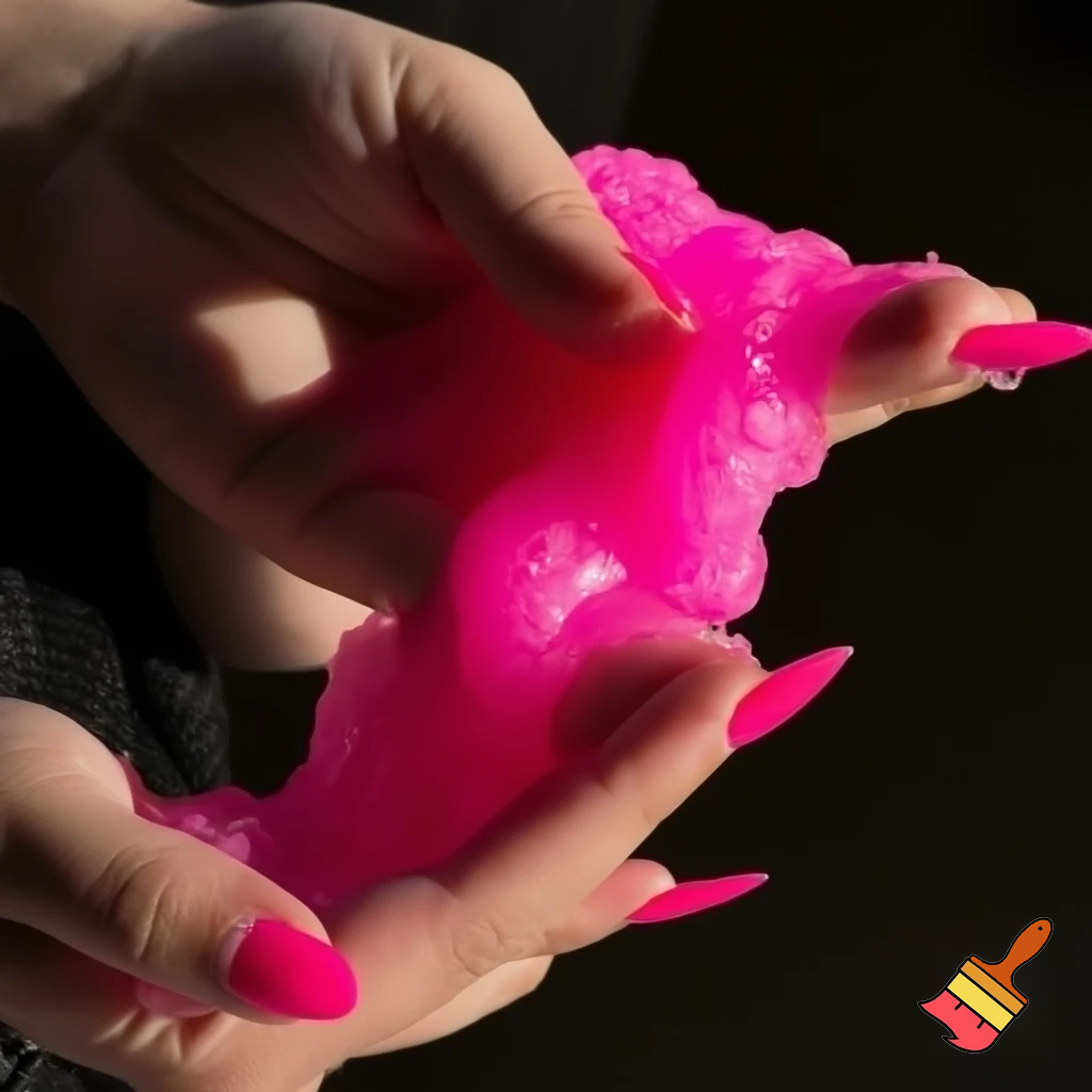 crate a picture of hands with hot pink French tips playing with lots of fluffy pink slime. Make it look very baddie.