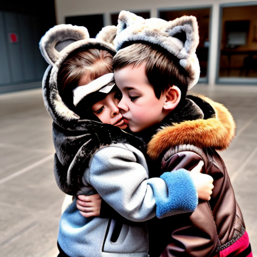 A cute little girl with a faux fur jacket that looks like fox fur, and she has fox ears. She is hugging a little boy and kissing him