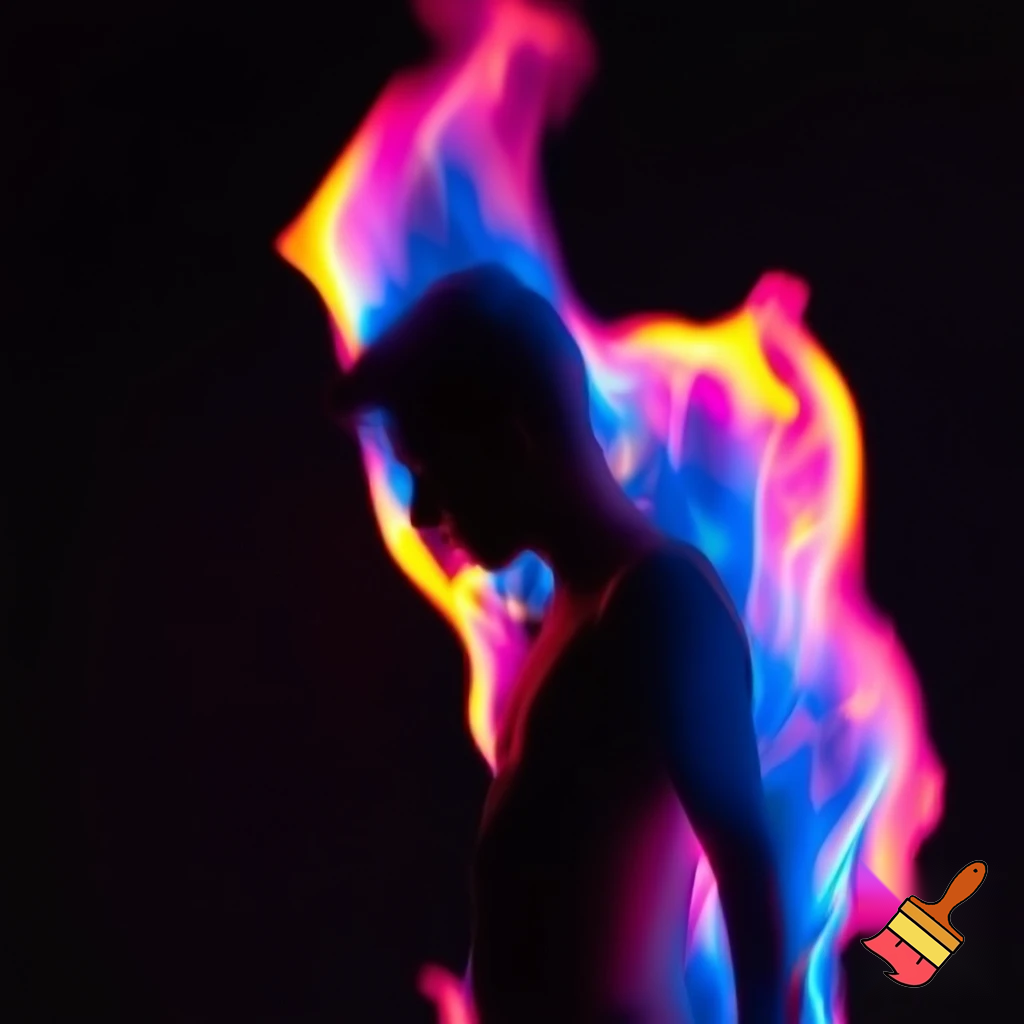 silloughete of a male teen being enveloped by pink/ blue/ and yellow pearly flames