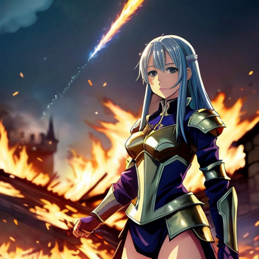 young, tall, white-haired woman in armor stands in front of a burning castle into which meteorites are falling.
