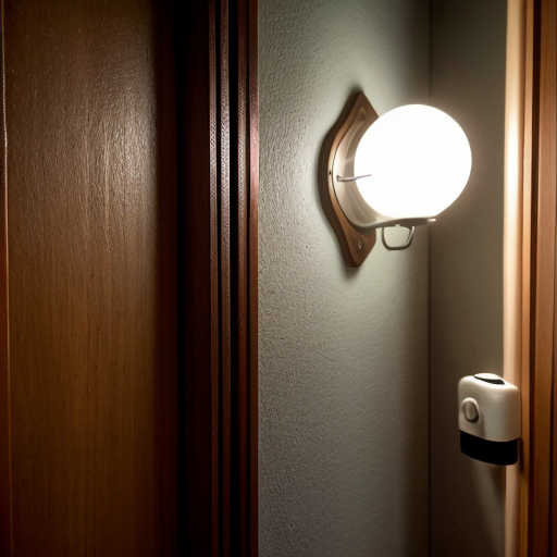 Close-up of room number 213 outside hostel room door, dim corridor light flickering