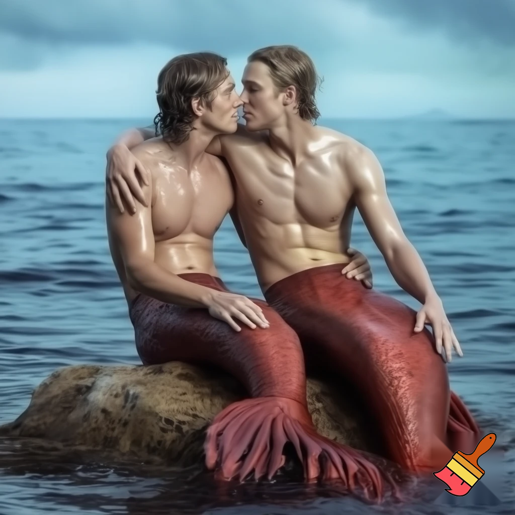 Outdoor photo of realistic shot of two caucasian mermen sitting together on a rock in the middle of the ocean, with one merman having his arm around the other. Their bodies are toned and muscular, with narrow waists and wide shoulders. They have short wet and messy hair. Their bodies are dripping wet. Their waists fade seamlessly into long, deep scarlet fish tails with large frilly fins. They are looking into each others eyes. They are kissing.