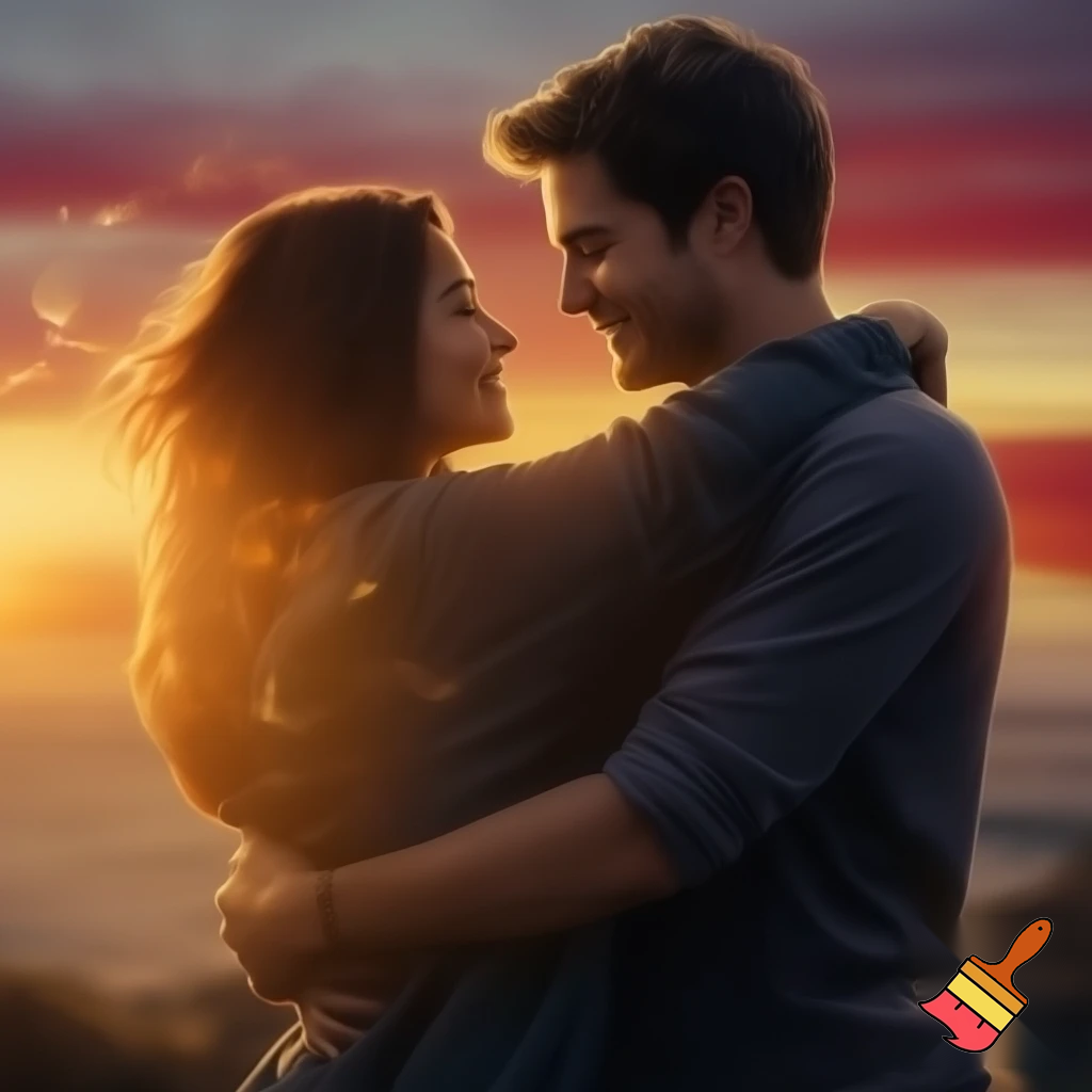 An image of a man with his wife on a sunset hugging themselves 
