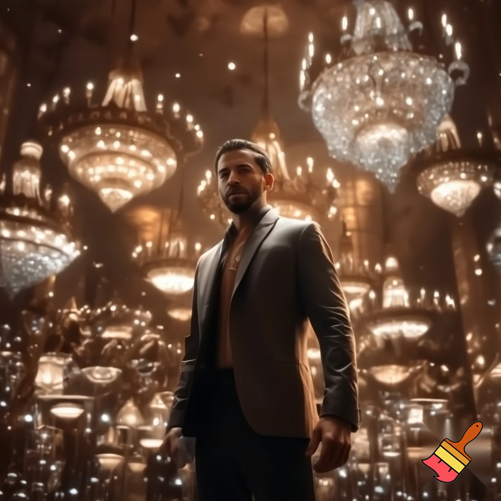 "An image of a handsome, stylish man without a tie, standing in the middle of a large room. Surrounding him are numerous bronze and crystal chandeliers, each shining softly with a warm glow. The chandeliers come in various shapes and sizes, filling the space with an elegant, luxurious atmosphere. The man stands calmly and confidently, looking both modern and sophisticated, amidst the shimmering lights."
