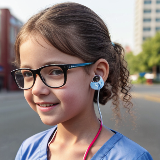 Cute adorable niña Chilindrina y con enfermera glasses con hair lazo curly con verano casual formal elegante sensual sexy con aparatos auditivos audífonos sordera con close up whispering touching ear each other secrets con paséo con ciudad 8