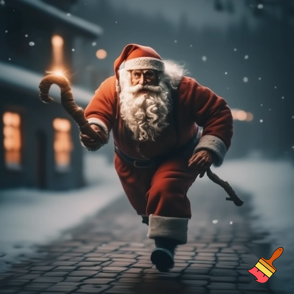 Santa Claus running with the walking stick running with his magic walking stick