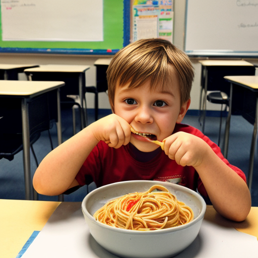 A German kid eating spaghetti and gooning in class