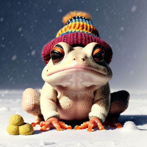 A laughable, puzzled animal toad in woolen, multicoloured winter clothings with woolen winter cap. Hyperrealistic art style.