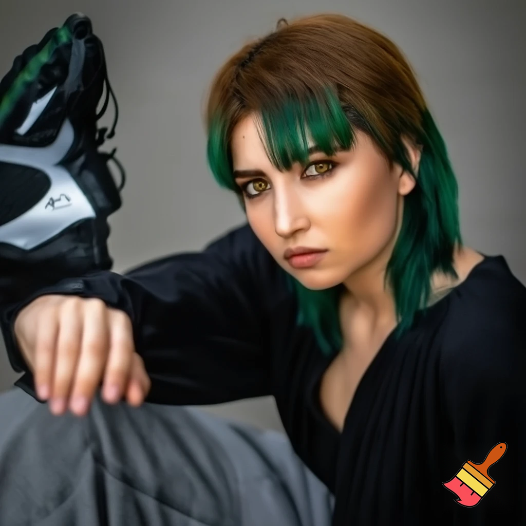 wygeneruj moją podobiznę 186 wzrostu włosy na modern mullet grzywka delikatnię w górę moje buty nike shox szare baggy jeansy czrna luzna bluza wyrazista szczęka i oczy brązowo zielone kolor włosów brązowe