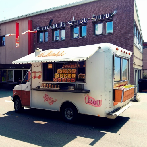 Geöffneter Foodtruck der Süßigkeiten verkauft vor einer Schule mit Kindern und großer Aufschrift AvW SchulShop 