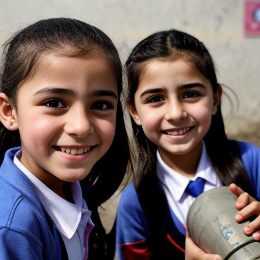 iranian elementary school girls holding a missile smiling