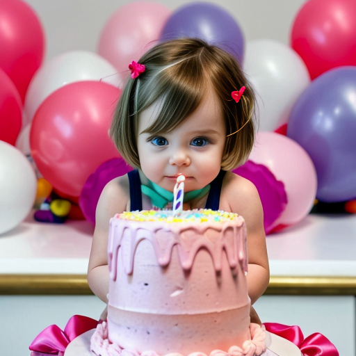 create a 2 year old daughter with blonde hair with blue eyes in pink on her birthday in front of a cake at a house 