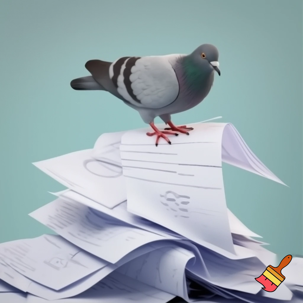 A pigeon on top of a pile of papers with the words "Income Tax" written on them