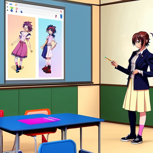 A teacher stands at the board with children around her, drawing