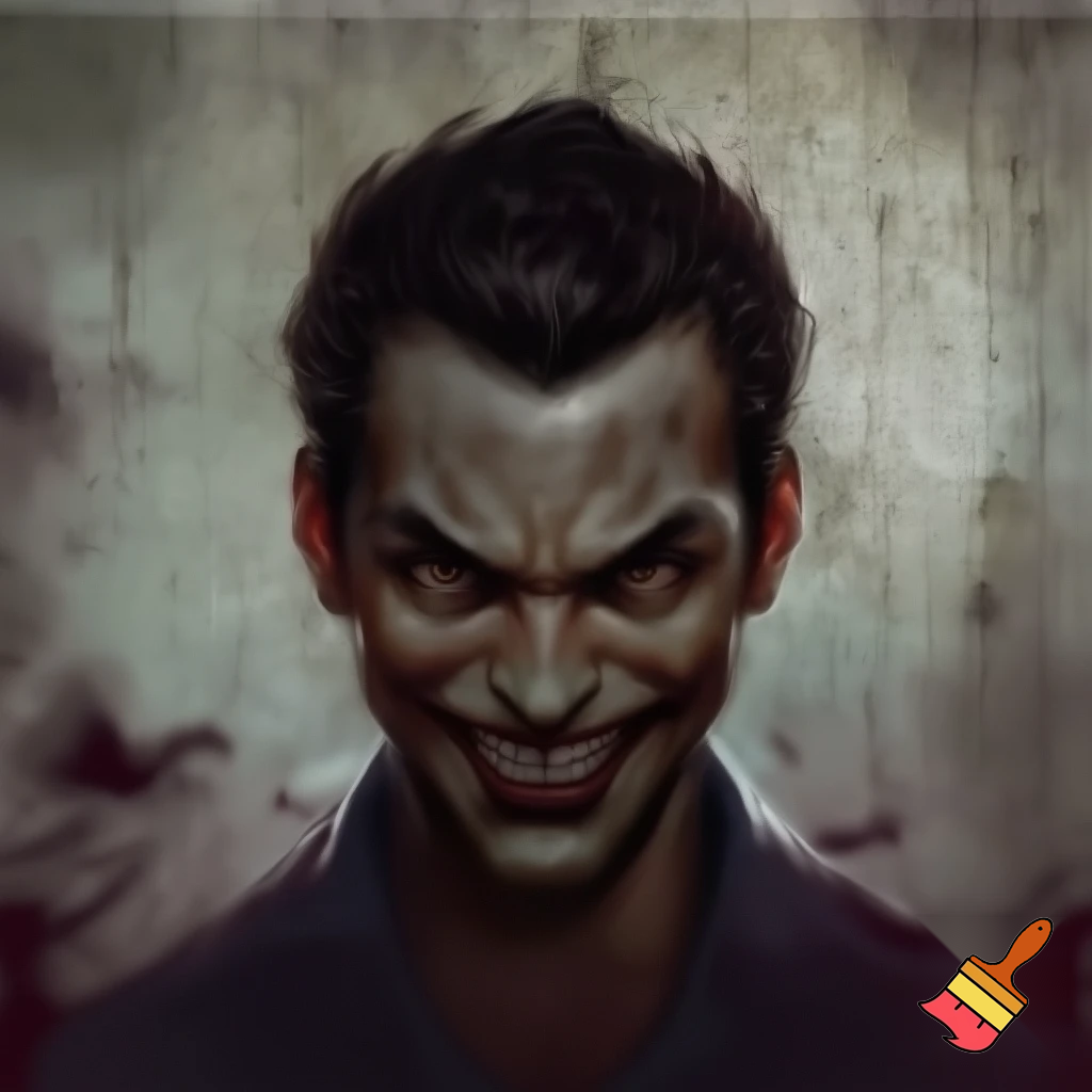 evil, sinister stare with a scary smirk mugshot backround scary look