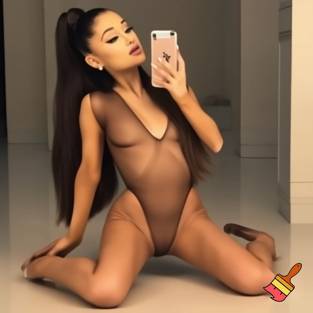 ariana grande wearing a transparent bodysuit holding her phone in the floor selfie ,sexy hot bunny ,her legs are open 