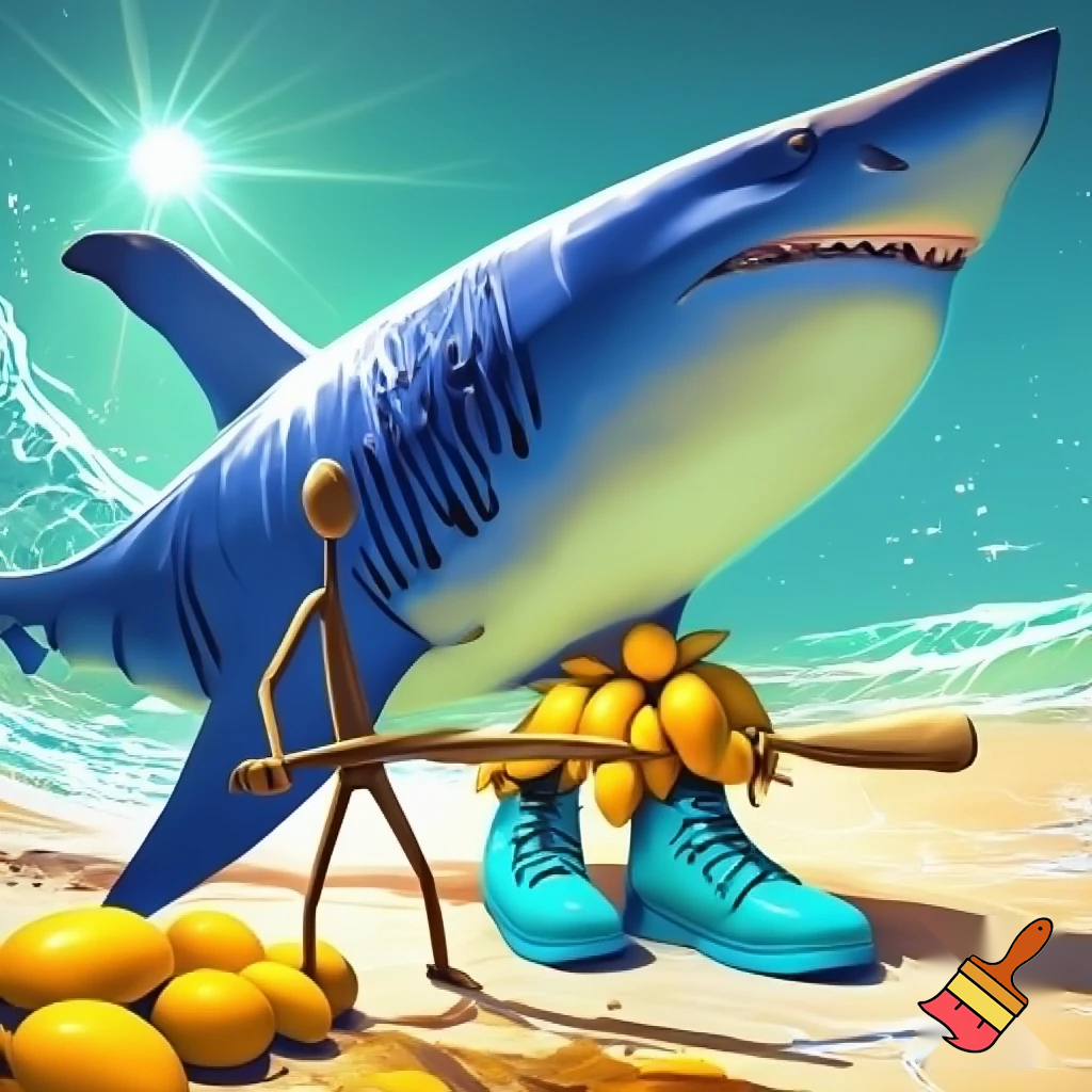 make me a shark with blue shoes and make him by the ocean, while he has 67 mangos and a stick guy holding a wooden bat is with him