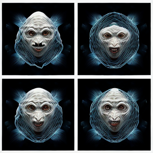 Irreal creaturas sub humana de fractales. 4 paneles. 1, 2, 3, 4. 1: criatura emerge de ti. 2: criatura se alimenta. 3: Blade. 4: la creatura eres tu. Esto en un estilo imposible para un humano