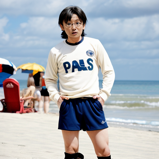 detective conan conan avec un mayo et un short du PSG a la plage