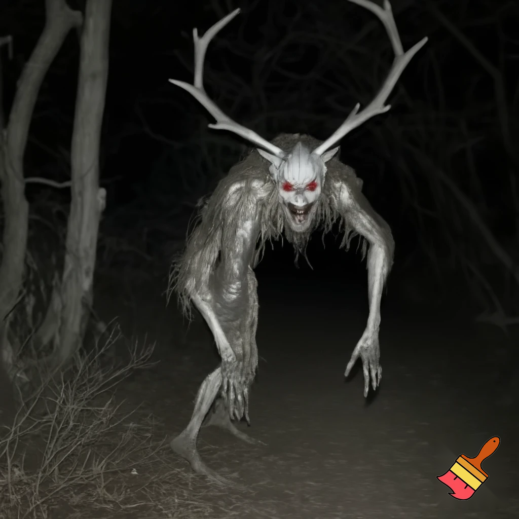 creepy dark photorealistic wendigo(deer) on trailcam
