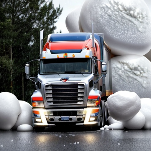 Semi-truck crushed with giant hailstones on top of it