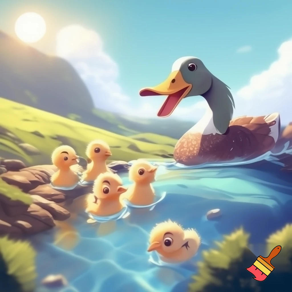 Five little ducks went swimming one day over the hills and far away mother duck said, quack, quack, quack! but only four little ducks came back