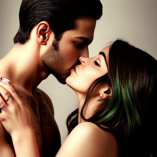 A adult girl wear green shalwar kamiz with adult boy in without  shirt kissing  