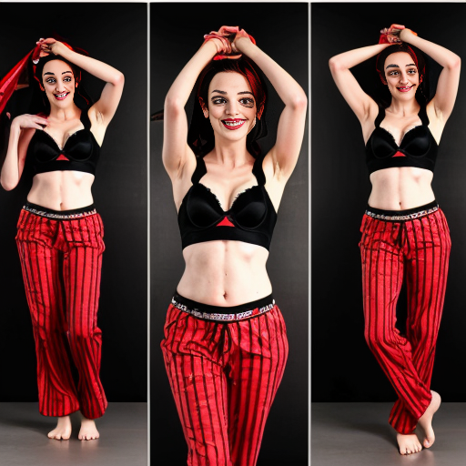 90's disney's 2d aladdin style comic black background and panels of 
panel 1 Harley Quinn with light black and red striped harem pants and bra and black and red curved slippers with both hand palms place together and hiding the bottom of her mouth with a light black and red striped veil wrapped around her arms and shoulders. 
panel 2 she danced with light black and red striped harem pants with light black and red striped bra and red and black curved slippers and with light black and red striped veil wrapped around her arms and shoulders and raising legs and bounced up and down her belly and shook her hips left and right. 
panel 3 as Harley Quinn with light black and red striped harem pants and bra and red and black curved slippers and with red and light black striped veil wrapped around her shoulders and arms and spreading her arms, happily revealing her face to the viewer and giving a smile as she shook her belly left and right. 
Panel 4 Harley Quinn with light black and red striped harem pants and bra and black and red curved slippers and with light black and red striped veil wrapped around her shoulders and arms has started to fading away , except her belly, which is bouncing around and growing. 
Panel 5 then the ball transforms into the fading in belly of Giant red haired giganta barefoot with dark yellow spotted yellow harem pants and bra and dark yellow spotted yellow veil wrapped around her arms and shoulders with her swaying her hips. 
Panel 6 red haired giganta barefoot with dark yellow spotted yellow harem pants and bra and dark yellow spotted yellow veil wrapped around her arms and shoulders then she is flexing her muscled arms.