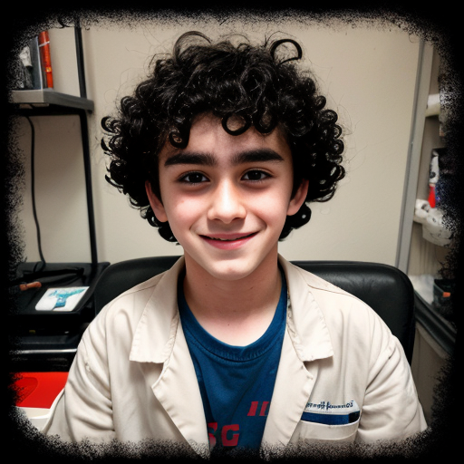 a teenager mad scientist boy with black curly hair