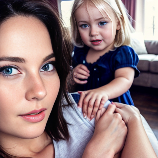 create a family photo of a 27 year old mother with dark blonde hair with blue eyes and her 2 year old daughter with blonde hair with blue eyes in pink at a house