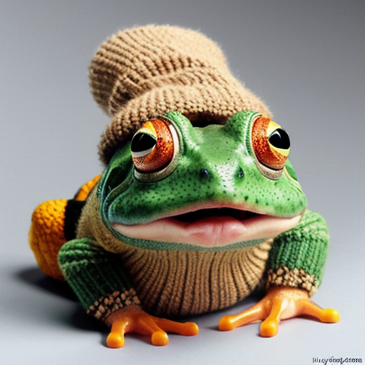 A laughable, puzzled animal toad in woolen, multicoloured winter clothings with woolen winter cap. Hyperrealistic style.
