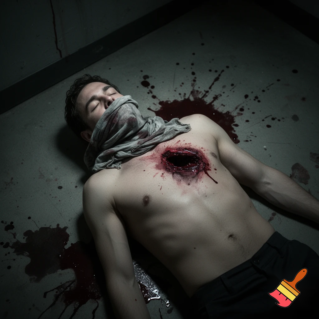 A shirtless random man (neighbor), face are hiding by shirt, died already, chest open wounded, blood everywhere, eye closed, floor on corpse.