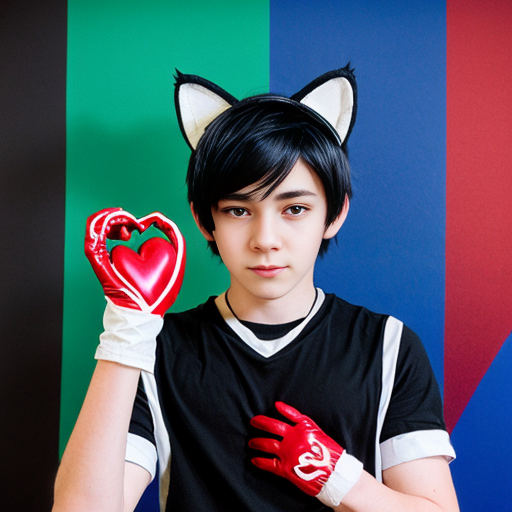 anime teenage boy with red eyes, black hair, white cat ears, a white shirt with a red love heart in the top right hand side, blue jeans, black gloves with one love heart per glove and a brown cat tail with a white stripe near the tip.
