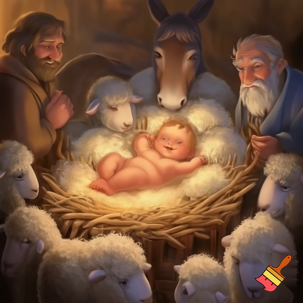 Un pruncușor grăsun și vesel născut înyr-o iesle, înconjurat de oi, un mwgăruș și pastori