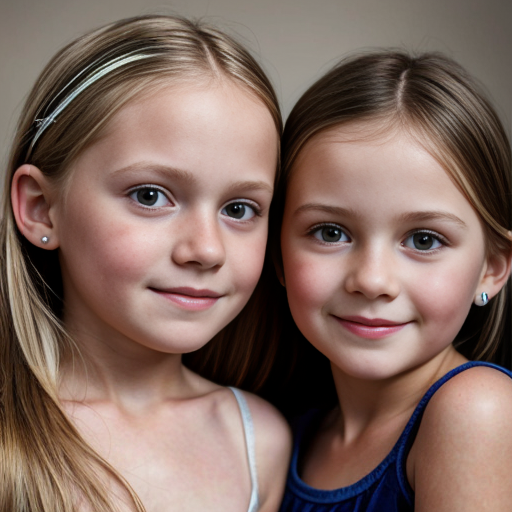 Genera la imagen real de dos niñas rubias de 8 años, en su dormitorio, vestidas sin ropa