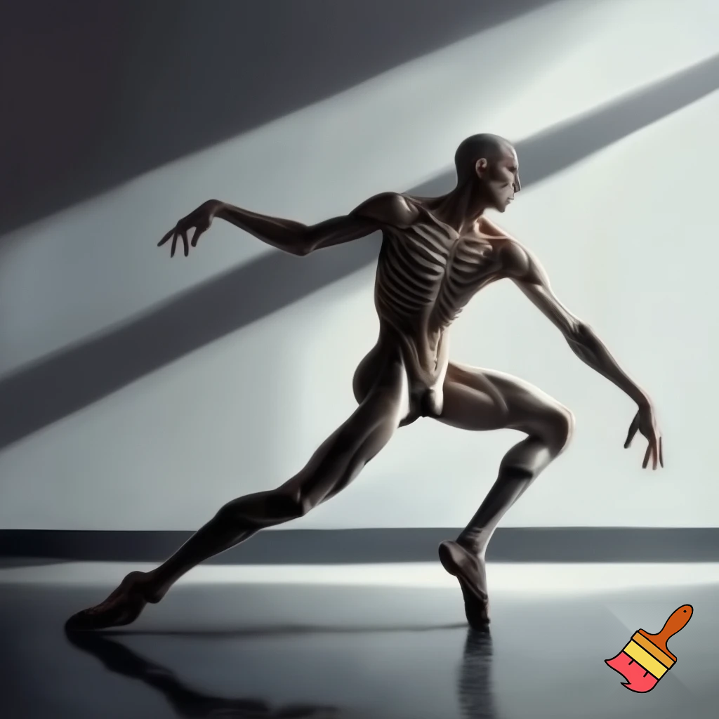 emaciated man doing ballet in a brightly lit room