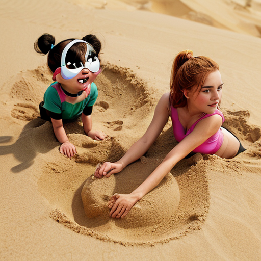 The powerpuff girls bubbles buried up to her neck in sand packed in tight by blossom and buttercup