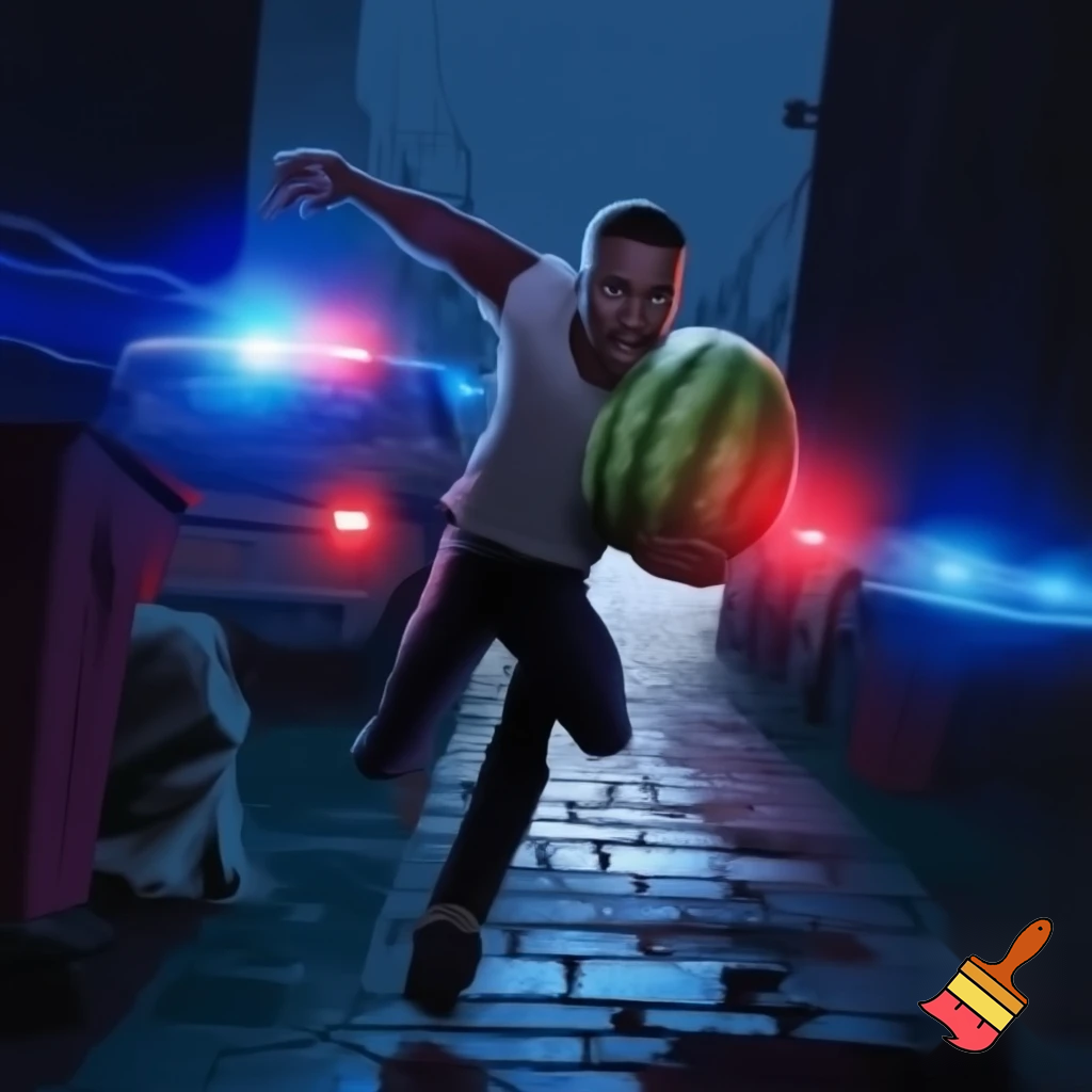 black guy running from cops with stolen watermelon