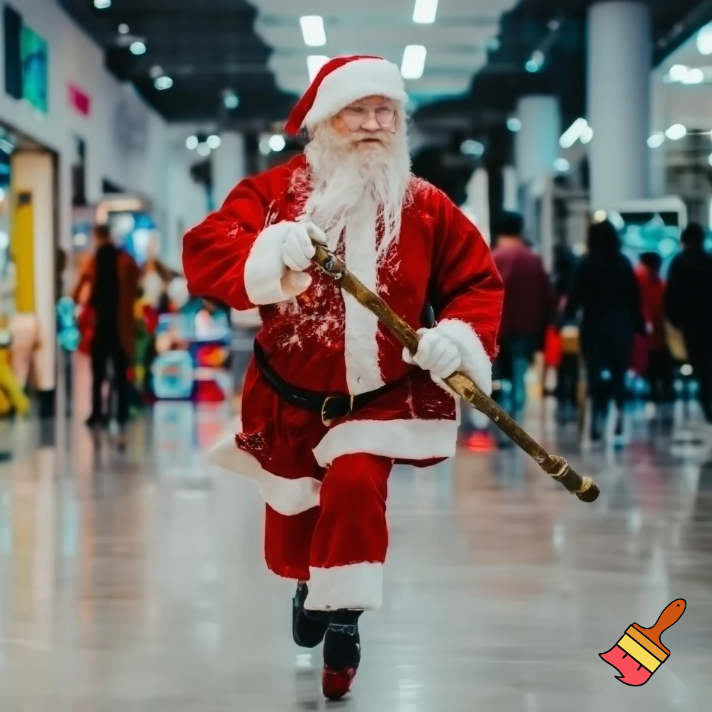 Santa Claus running with the walking stick running with his magic walking stick walking in the shopping centre with the walking stick magic staff walking stick