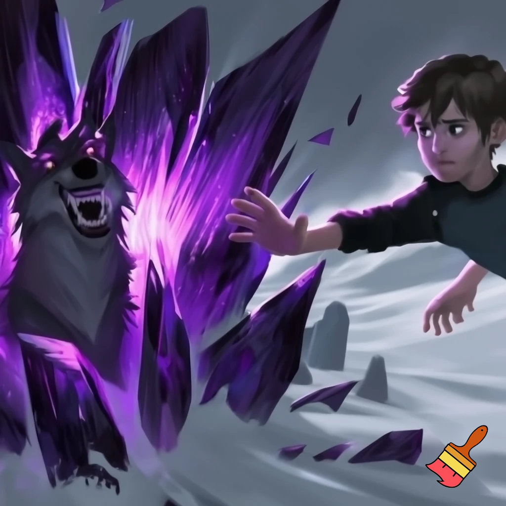 boy with his hand out to the right, purple tinted ice erupting from his hand and enveloping a wolf