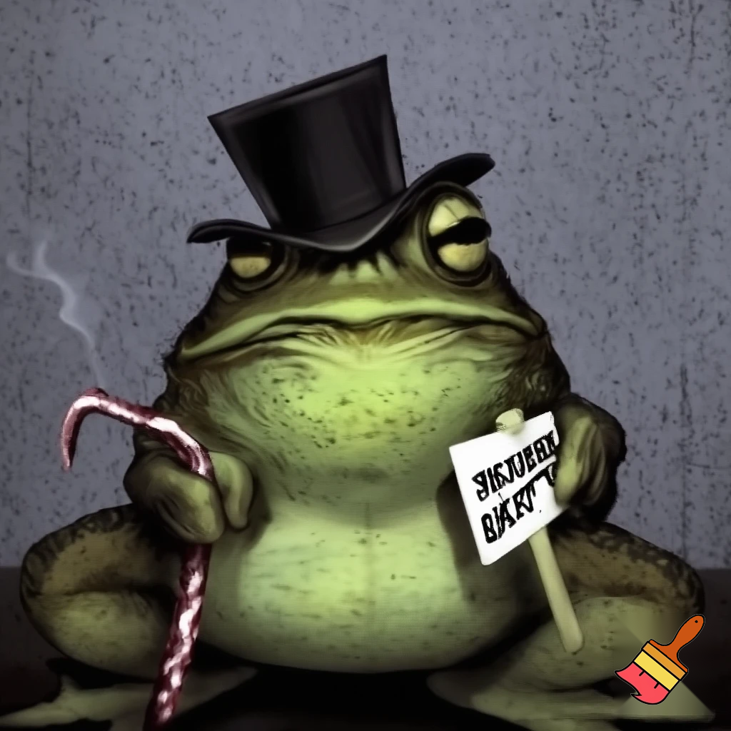 toad, dark green skin, light green glands, short tophat, smoking sugercane, frowning, in mugshot, standing, holding sign saying Cane Toad,