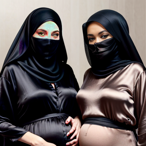 Inside a brown hotel room, heavily pregnant angelina jolie and Zendaya are sitting together wearing black silk long heavy abaya, gloves, black silk hijab and a perfect silk nosepiece saudi niqab. 