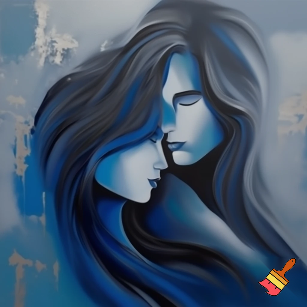 acrylic painting romantic couple man and woman with a long hair love blue and grey modern abstract
