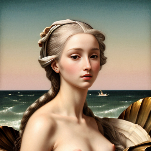 Image inspired by The Birth of Venus but tall white-haired woman