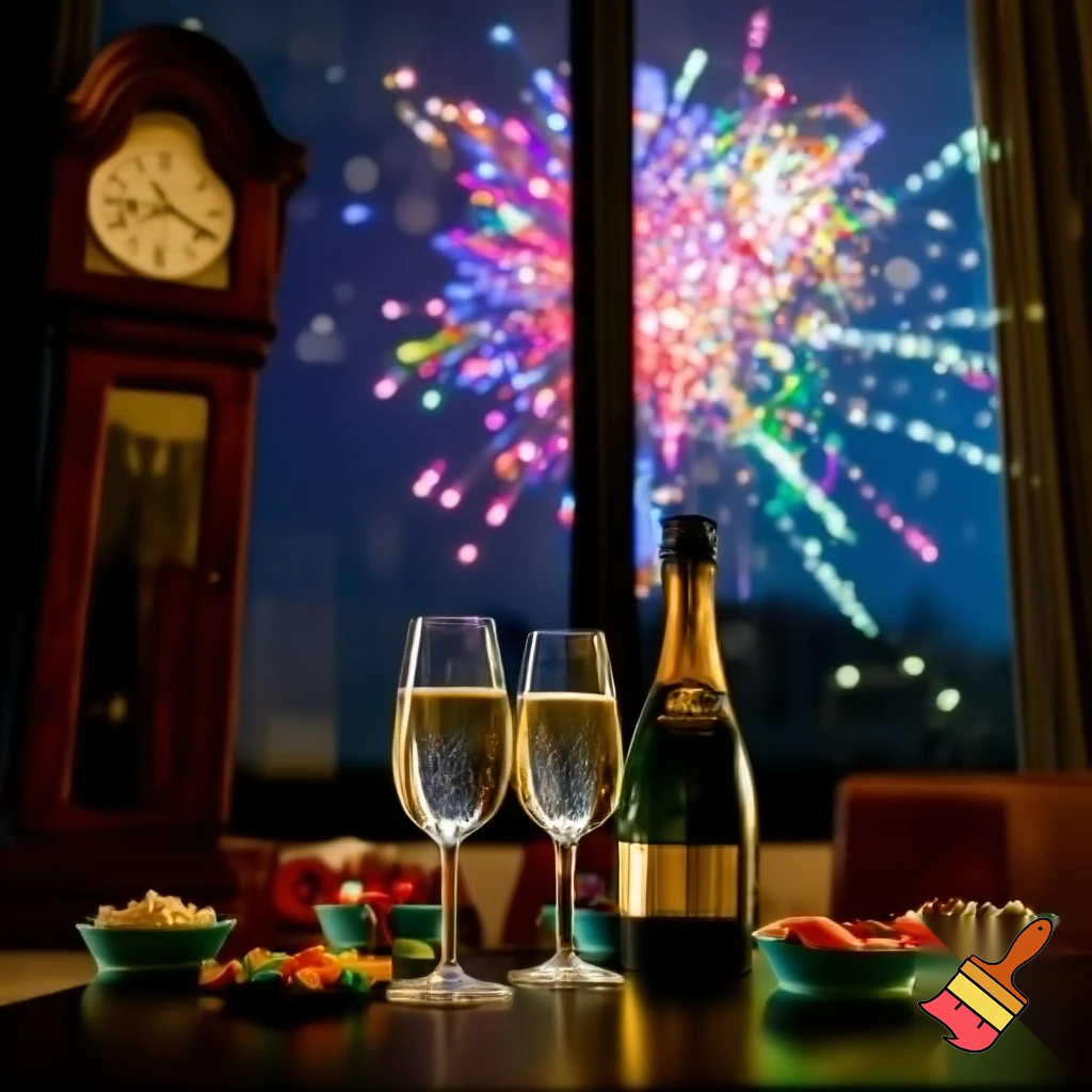 on the table there are two glasses of champagne, a bottle, streamers, snacks and fruit, next to it there is an old clock, the hands of the clock are at 12 o'clock, in the background there is a window and fireworks outside the window