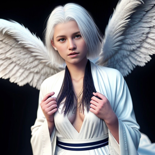 beautiful pale-skinned white-haired angel in white robes with white feathery wings