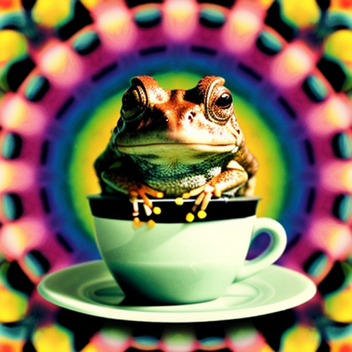 A hillarious, funny boho toad with some hippie colored coffee cups. Psychedelic decorated background, hyperrealistic. Close-up view.