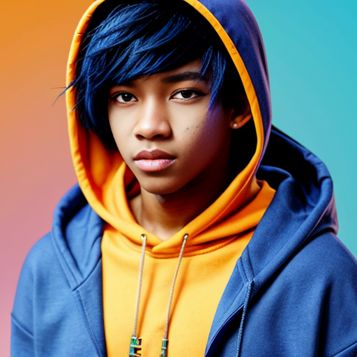 black anime teenage boy wearing a dark blue hooded jumper with the hood up and his eyes are bright purple