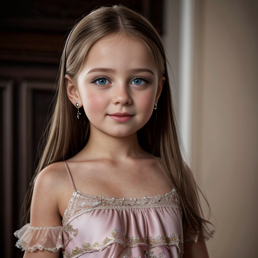 russian brunette little girl at party dress, very beautiful, on the party, brown eyes